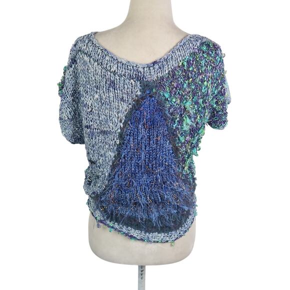 Vintage 90s Blue Patchwork Shaggy Eyelash Knit Short Sleeve Sweater M - Picture 4 of 4